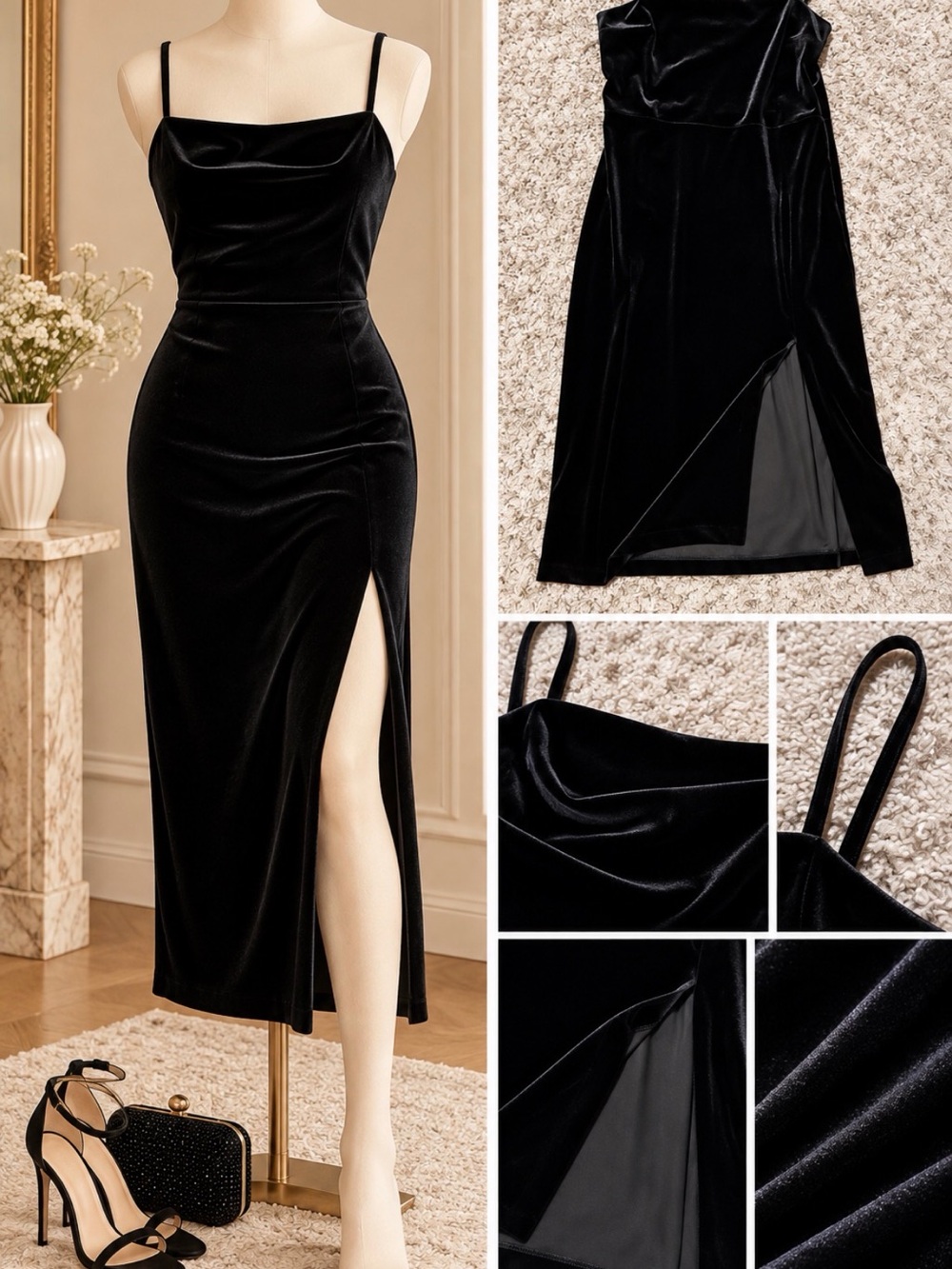 Express Black Velvet Midi Dress with High Side Slit